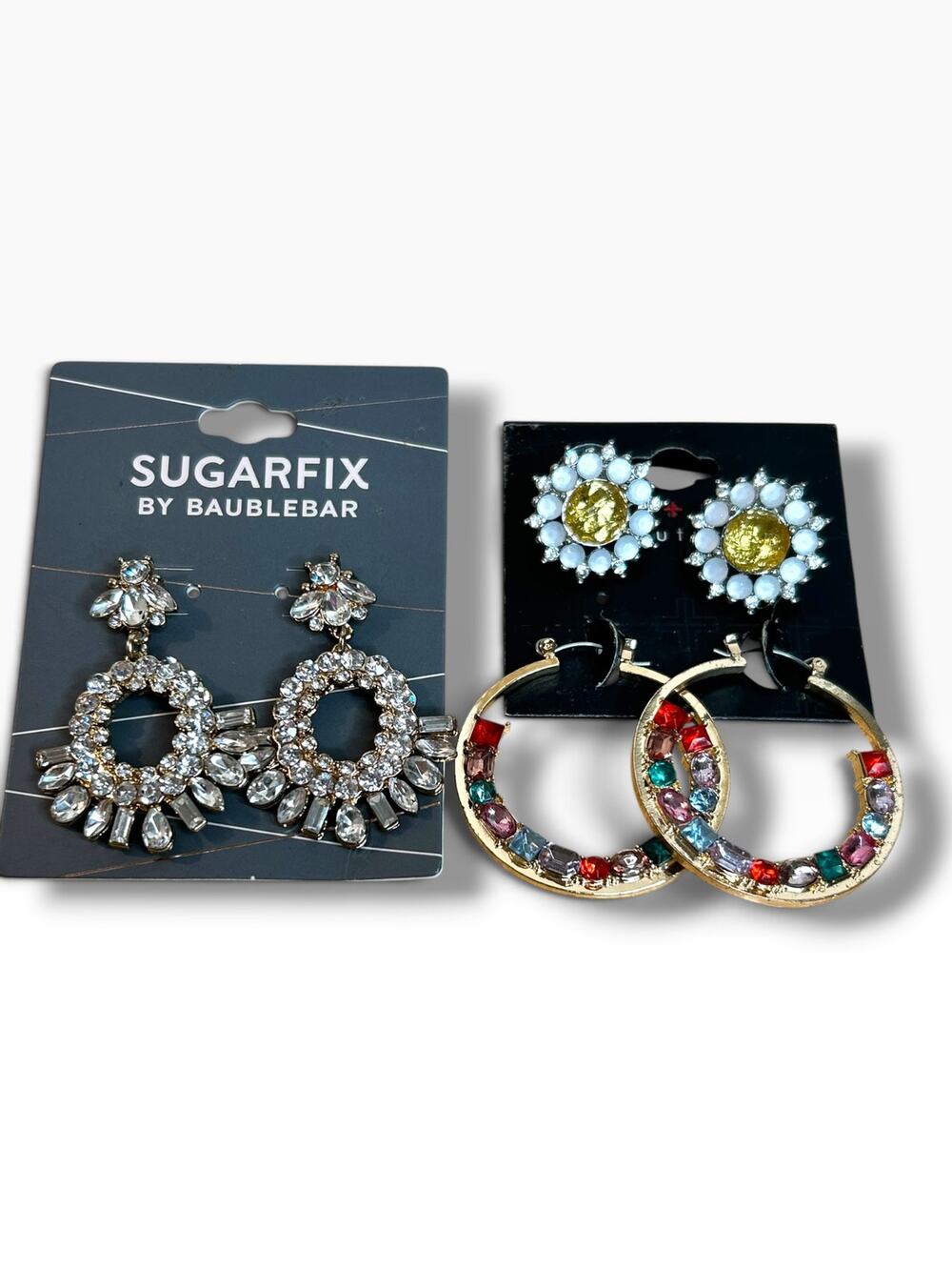 Lot of 3 Sparkly Statement Earrings Pierced Post Bright Floral Colorful Glam